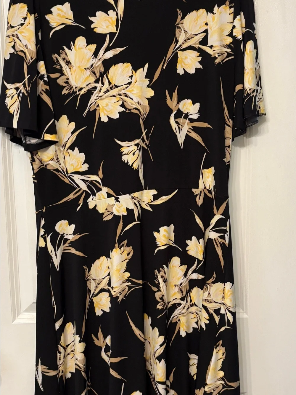 White House Black Market Black Floral Wrap Dress with Yellow and Cream Blooms - Picture 3 of 3